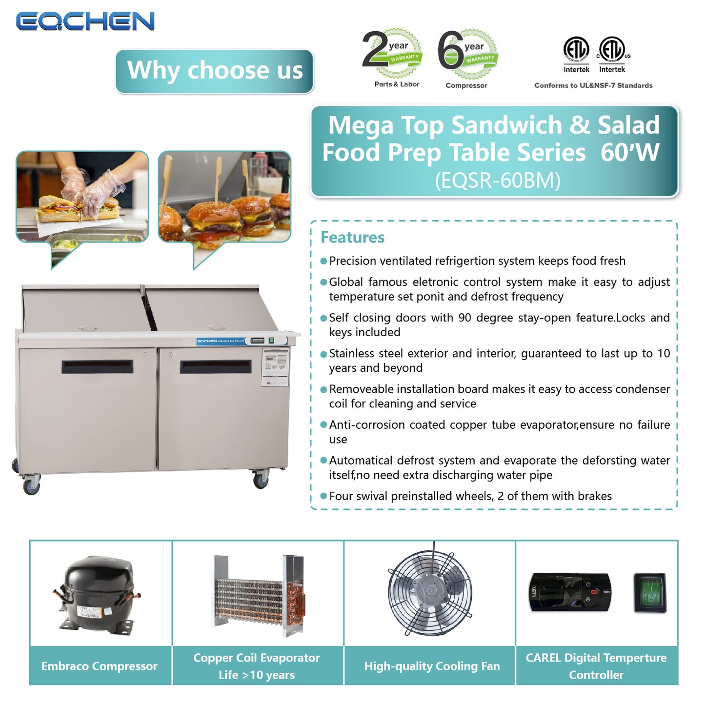 EQCHEN EQSR-60BM 60" Mega Top Commercial Sandwich Prep Table Refrigerator, Stainless Steel