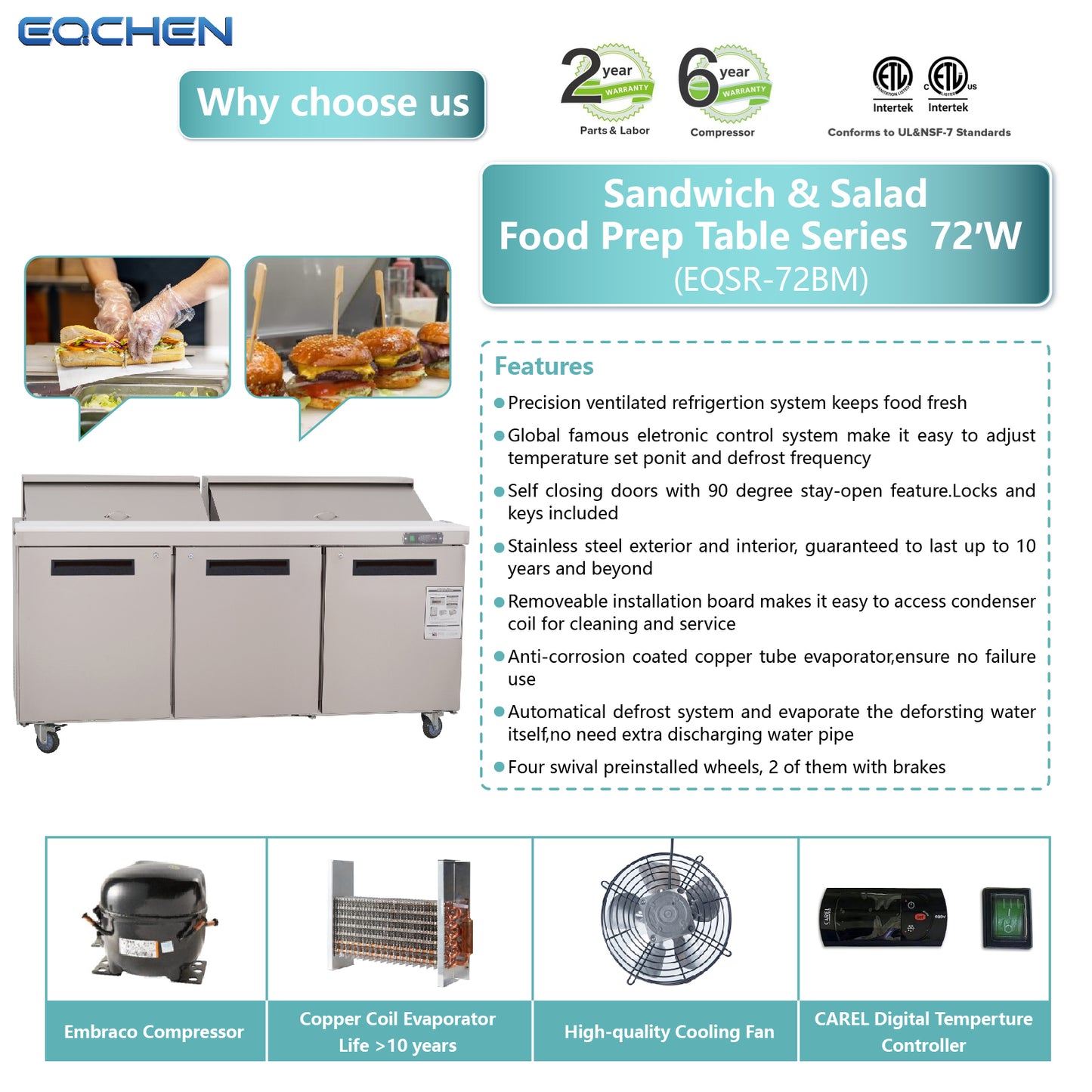 EQCHEN EQSR-72BM 72" Mega Top Commercial Sandwich Prep Table Refrigerator, Stainless Steel
