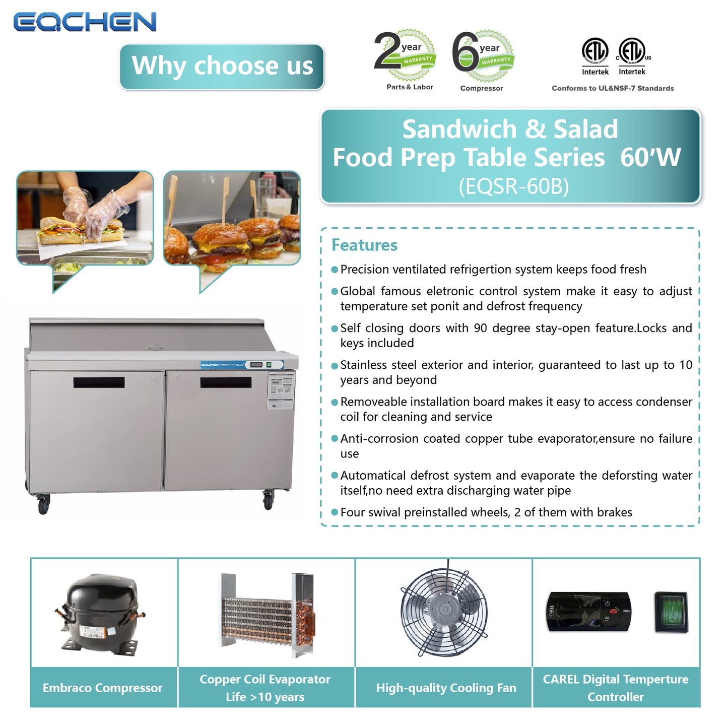 EQCHEN EQSR-60B 60" Commercial Sandwich and Salad Prep Table Refrigerator, Stainless Steel
