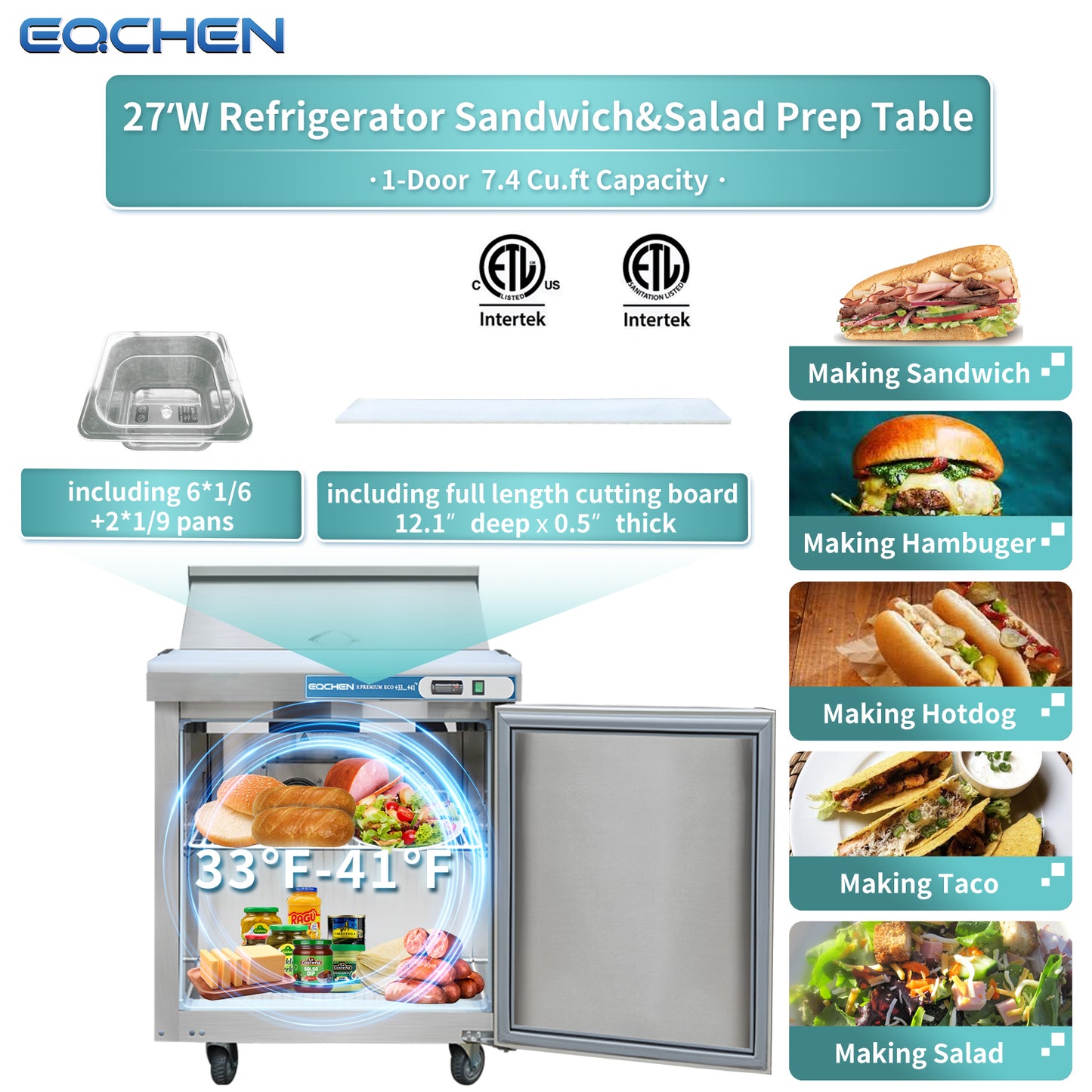 EQCHEN EQSR-27B 27" Commercial Sandwich and Salad Prep Table Refrigerator, Stainless Steel
