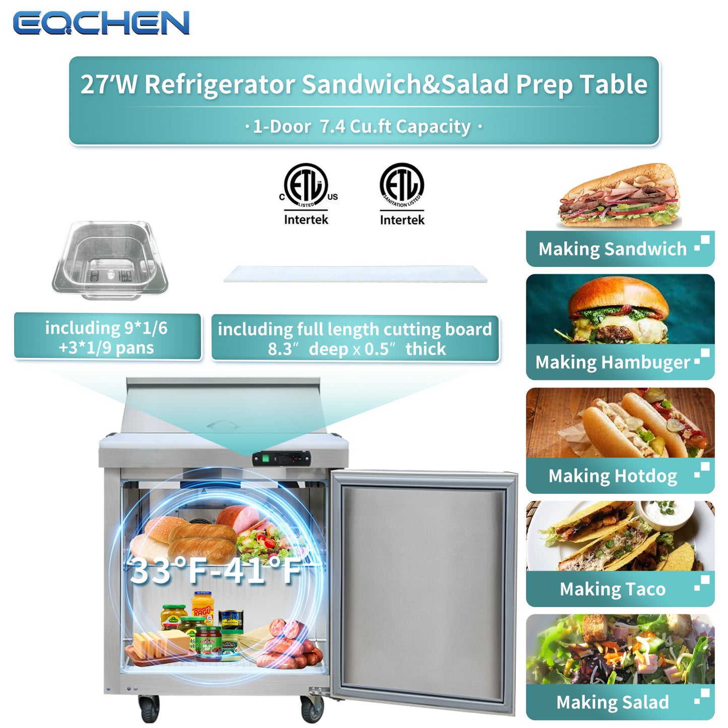 EQCHEN EQSR-27BM 27" Mega Top Commercial Sandwich and Salad Prep Table, Stainless Steel