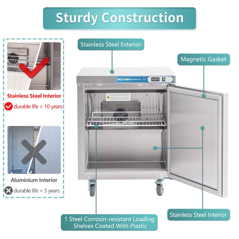 Commercial Undercounter Freezer, EQCHEN 28" Single Door Stainless Steel Lowboy Worktop Freezer 6.3 Cu.ft