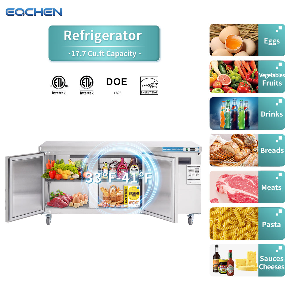 EQCHEN EQTR-72B 72" Commercial Undercounter Three-Door Worktop Refrigerator, Stainless Steel
