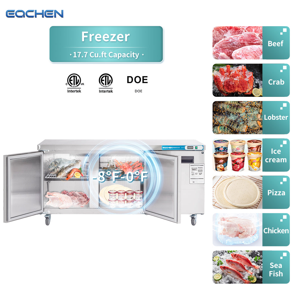 EQCHEN EQTF-72B 72" Commercial Undercounter Three-Door Worktop Freezer, Stainless Steel