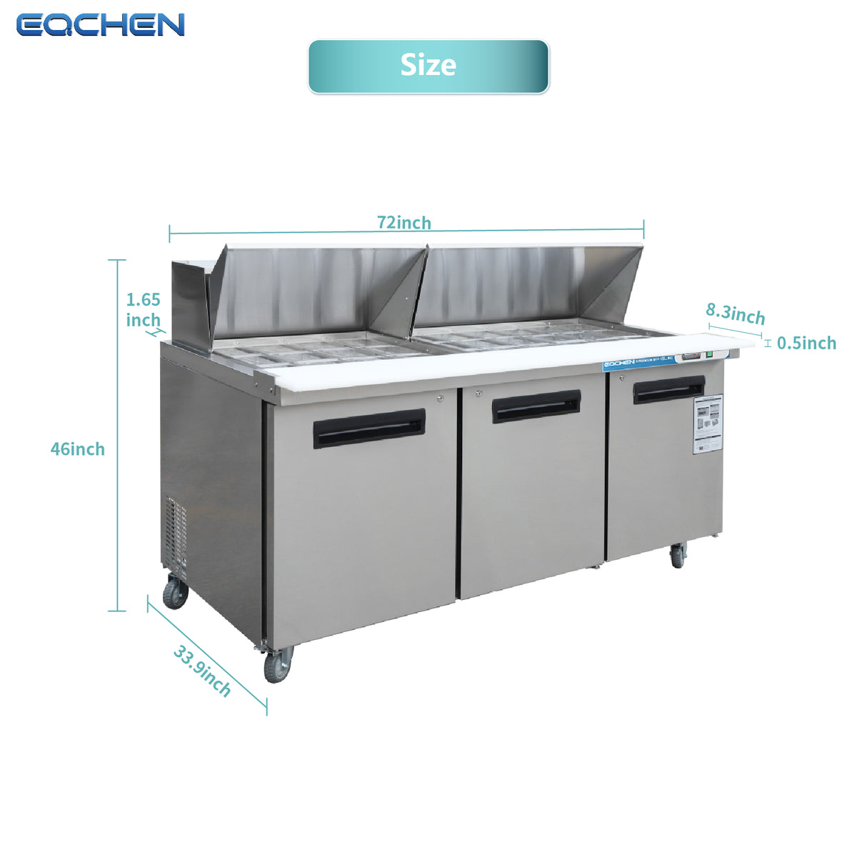 EQCHEN EQSR-72BM 72" Mega Top Commercial Sandwich Prep Table Refrigerator, Stainless Steel