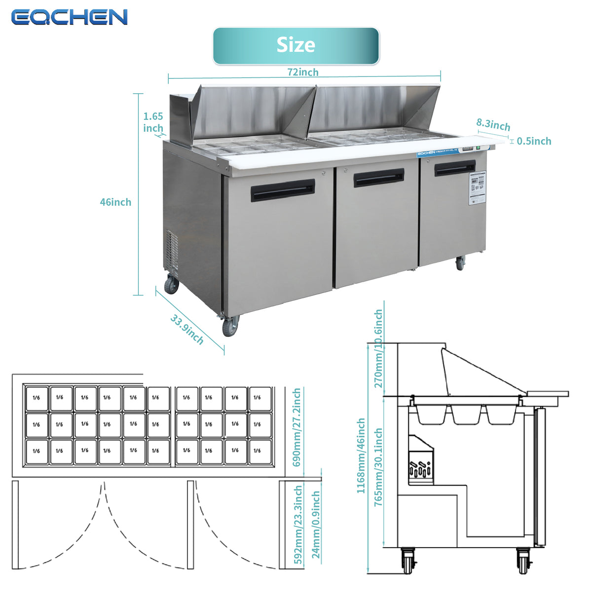 EQCHEN EQSR-72BM 72" Mega Top Commercial Sandwich Prep Table Refrigerator, Stainless Steel