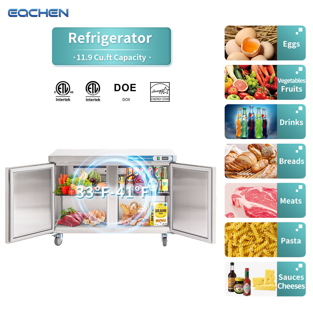 EQCHEN EQTR-48B 48" Commercial Undercounter Double Door Worktop Refrigerator, Stainless Steel