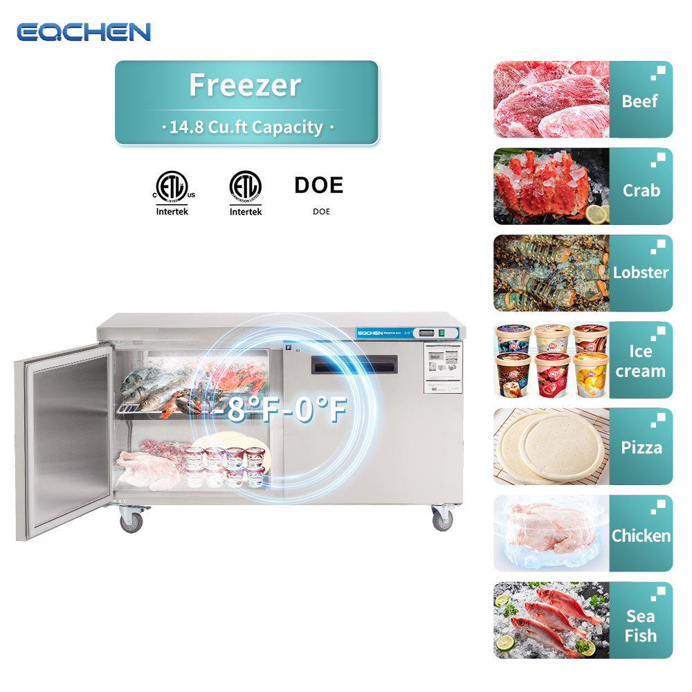 EQCHEN EQTF-60B 60" Commercial Undercounter Double Door Worktop Freezer, Stainless Steel