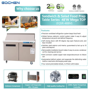 EQCHEN 48 Inch Mega Top Sandwich Prep Table Refrigerator Stainless Steel