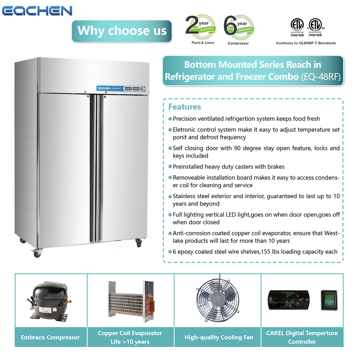 Commercial Reach In Fridge and Freezer Combo, EQCHEN 48" 2 Door Commercial Refrigerator and Freezer Combination - 