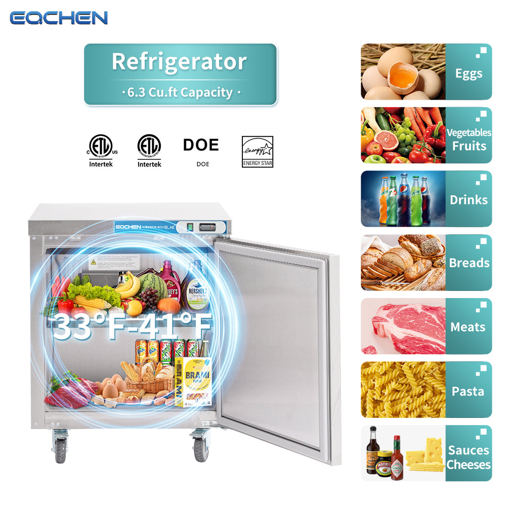 EQCHEN EQTR-27B 27" Commercial Undercounter Worktop Refrigerator, Stainless Steel