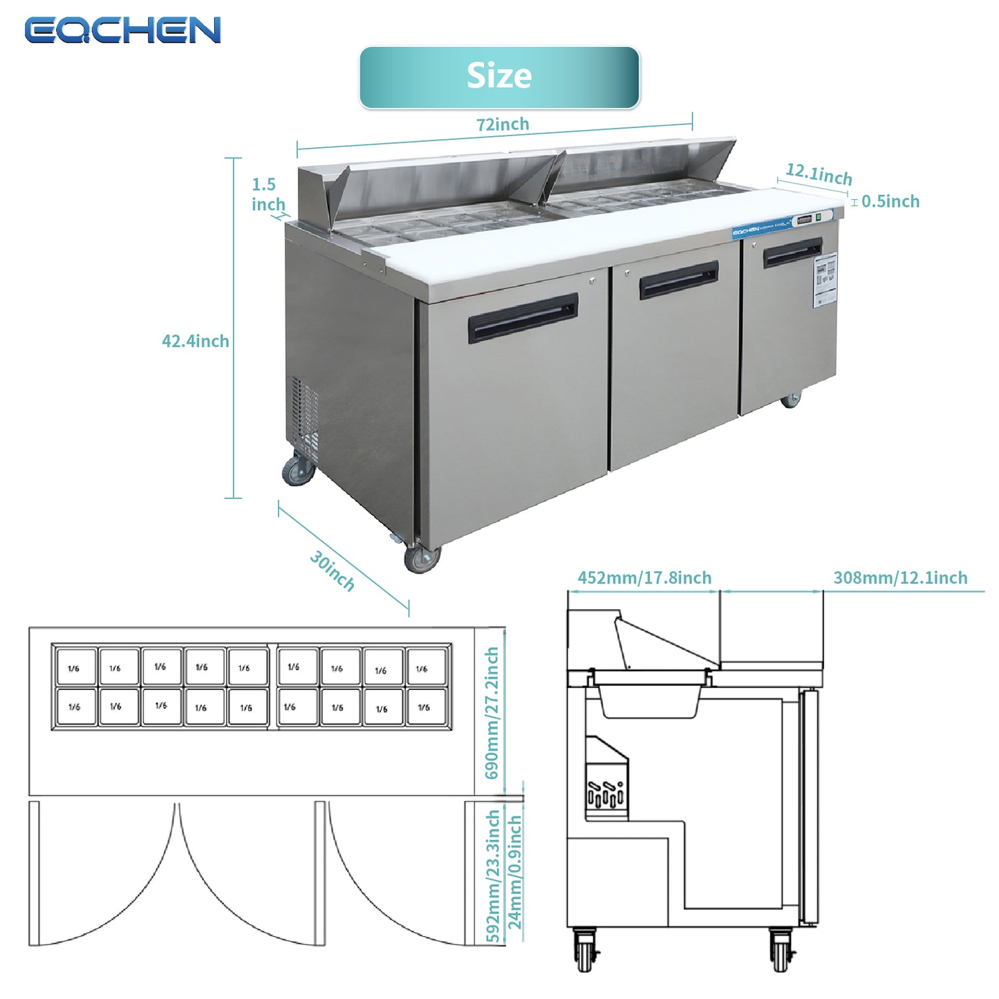 EQCHEN EQSR-72B 72" Commercial Sandwich and Salad Prep Table Refrigerator, Stainless Steel