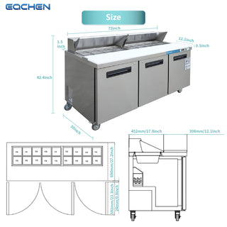 EQCHEN 72 Inch Sandwich Prep Table Refrigerator Stainless Steel