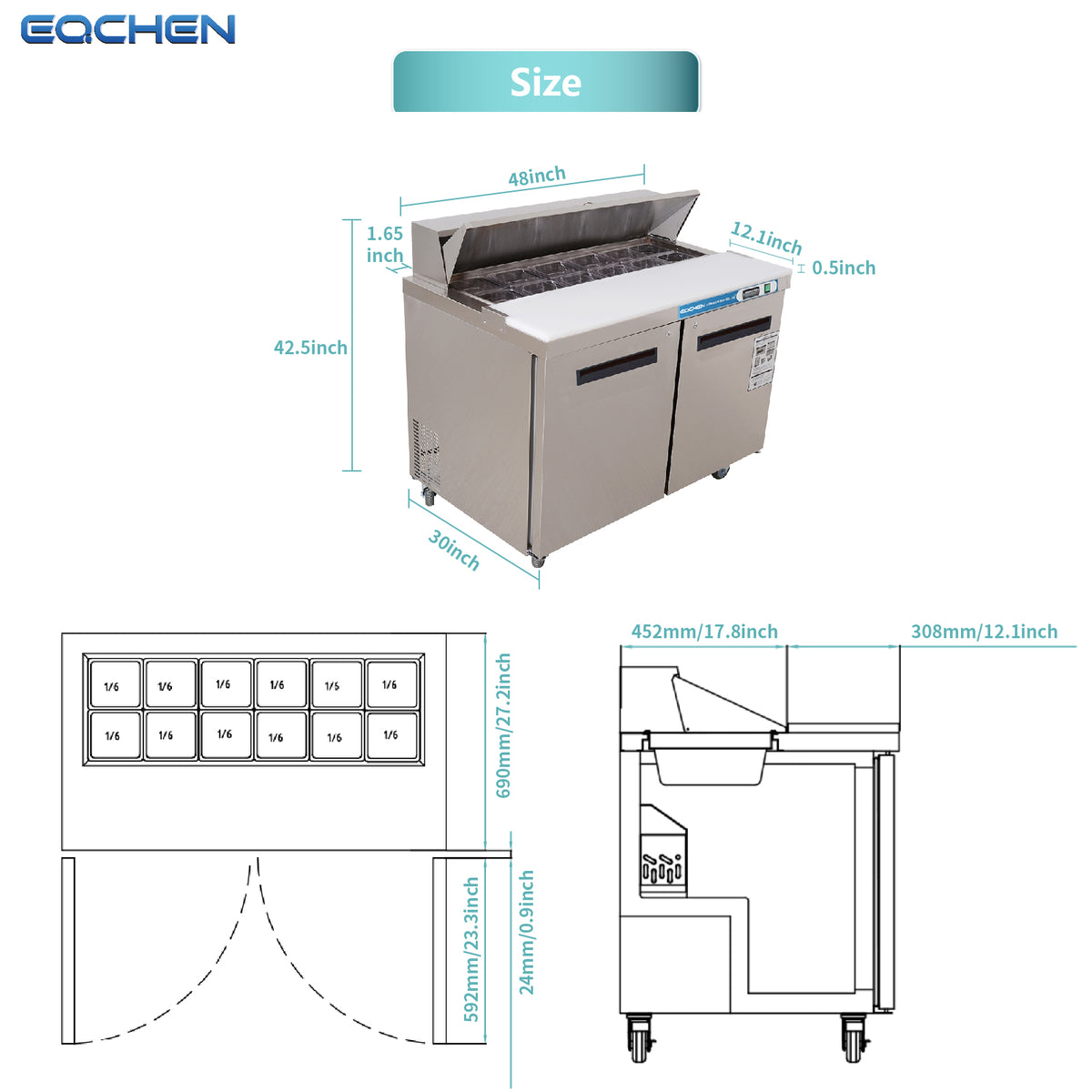EQCHEN EQSR-48B 48" Commercial Sandwich and Salad Prep Table Refrigerator, Stainless Steel