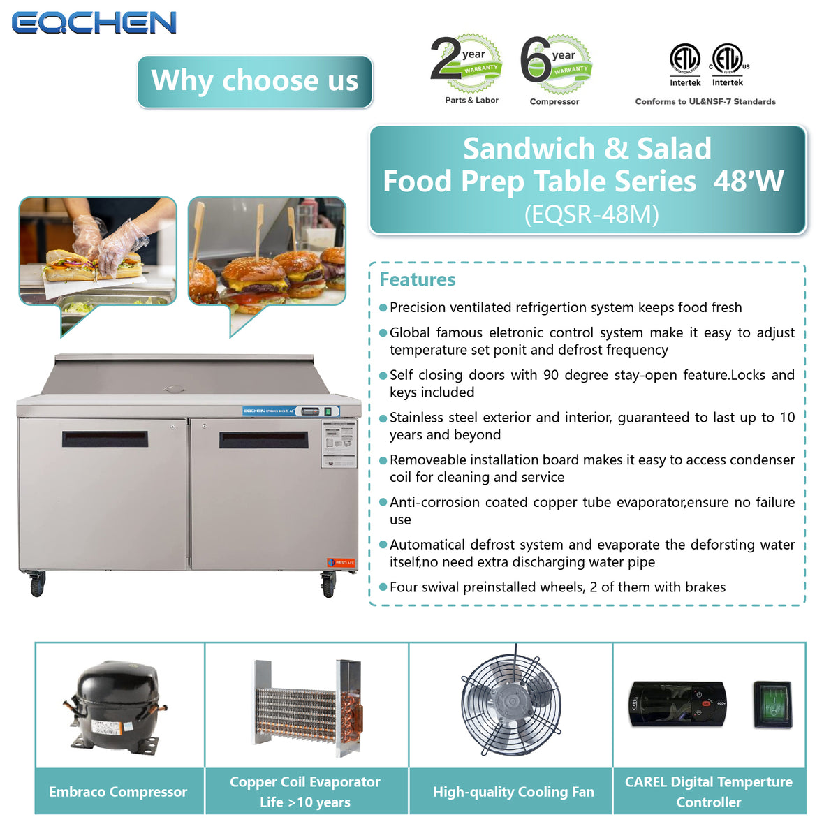 EQCHEN EQSR-48B 48" Commercial Sandwich and Salad Prep Table Refrigerator, Stainless Steel