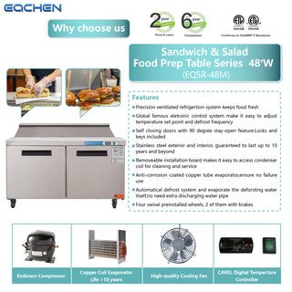 EQCHEN 48 Inch Sandwich Prep Table Refrigerator Stainless Steel