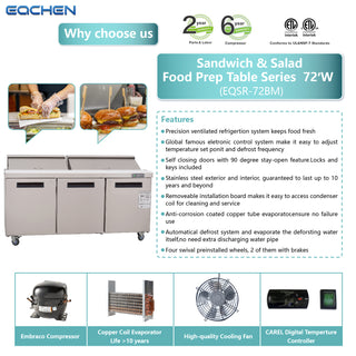 EQCHEN 72 Inch Mega Top Sandwich Prep Table Refrigerator Stainless Steel