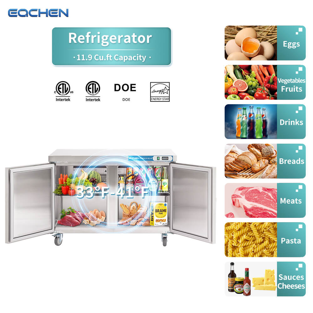 Commercial Undercounter Refrigerator, EQCHEN 48" Double Door Stainless Steel Lowboy Cooler Worktop Fridge 12 Cu.ft