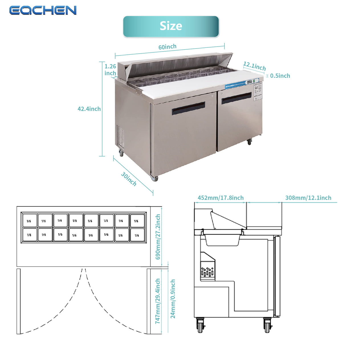 EQCHEN EQSR-60B 60" Commercial Sandwich and Salad Prep Table Refrigerator, Stainless Steel