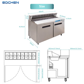 EQCHEN 60 Inch Sandwich Prep Table Refrigerator Stainless Steel