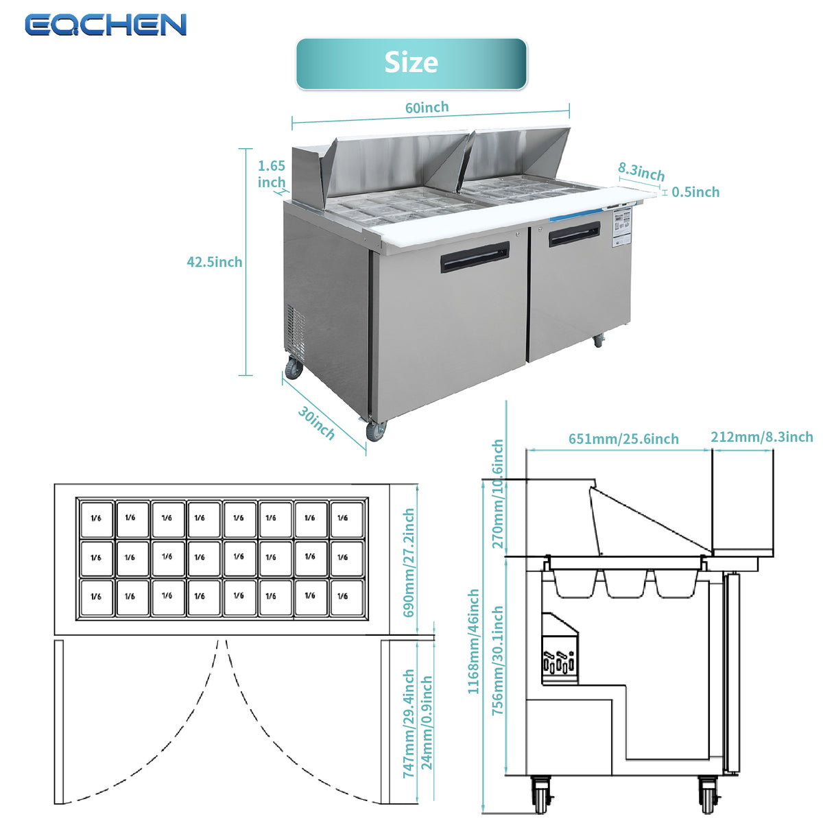 EQCHEN EQSR-60BM 60" Mega Top Commercial Sandwich Prep Table Refrigerator, Stainless Steel