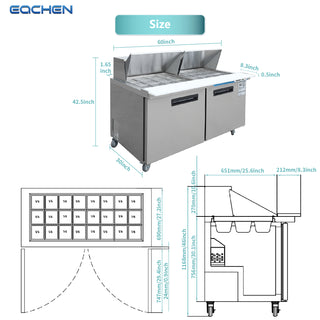 EQCHEN 60 Inch Mega Top Sandwich Prep Table Refrigerator Stainless Steel