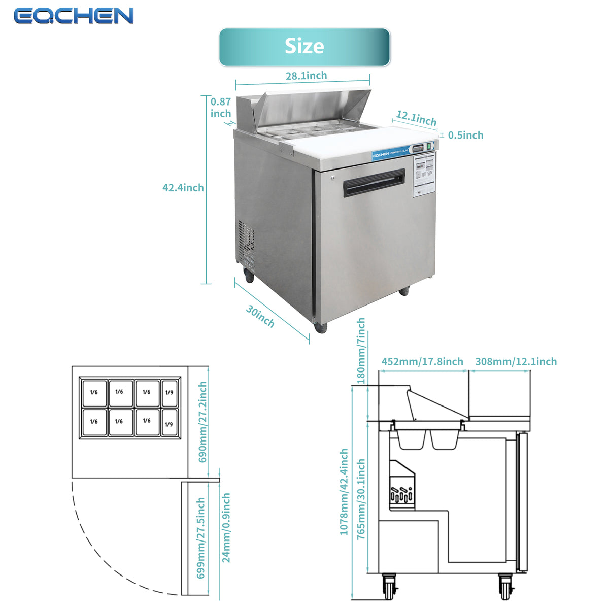 EQCHEN EQSR-27B 27" Commercial Sandwich and Salad Prep Table Refrigerator, Stainless Steel