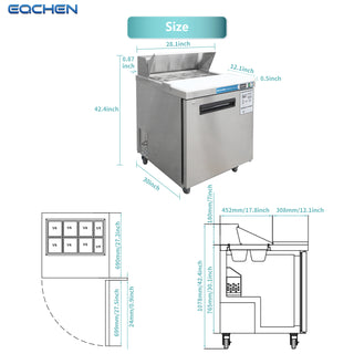 EQCHEN 27 Inch Sandwich Prep Table Refrigerator Stainless Steel