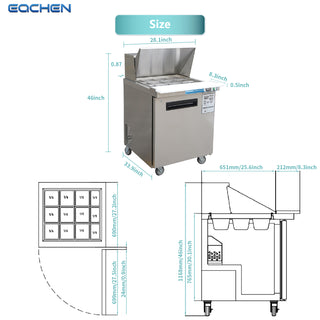 EQCHEN 27 Inch Mega Top Sandwich Prep Table Refrigerator Stainless Steel