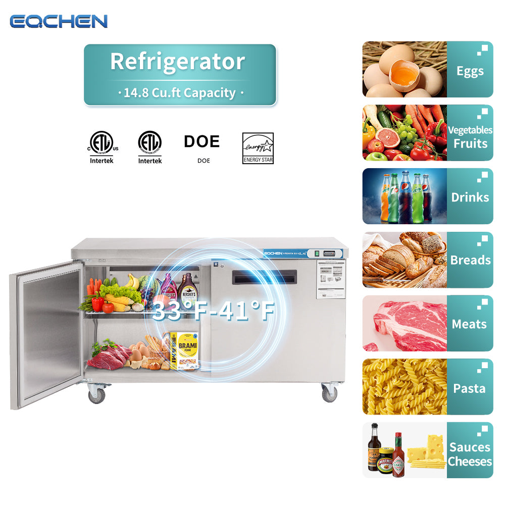 EQCHEN EQTR-60B 60" Commercial Undercounter Double Door Worktop Refrigerator, Stainless Steel