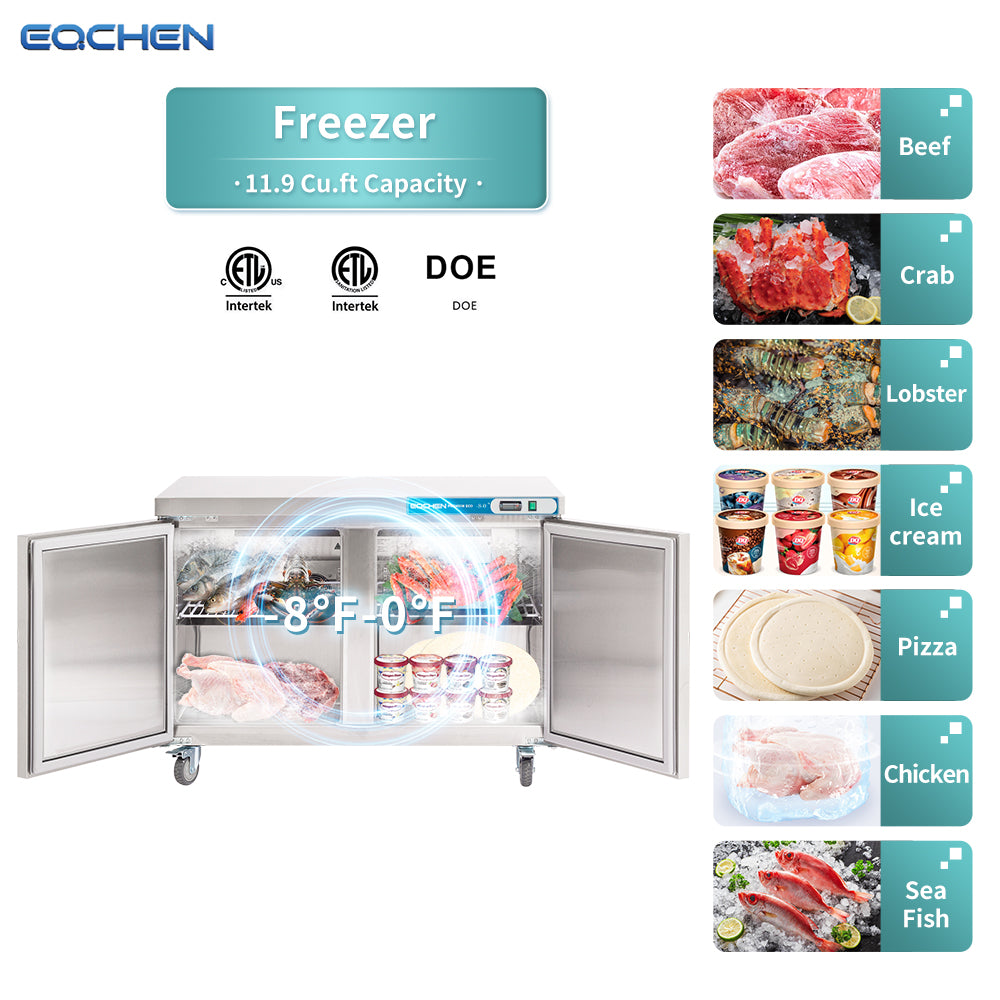 EQCHEN EQTF-48B 48" Commercial Undercounter Double Door Worktop Freezer, Stainless Steel
