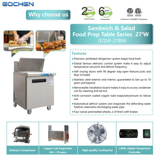 EQCHEN 27 Inch Mega Top Sandwich Prep Table Refrigerator Stainless Steel