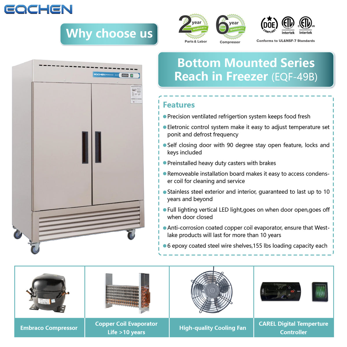 Commercial Reach in Freezer, 2 Door 49 Cu.ft Stainless Steel Commercial Reach in Solid Door Upright Fan Cooling Freezer - 