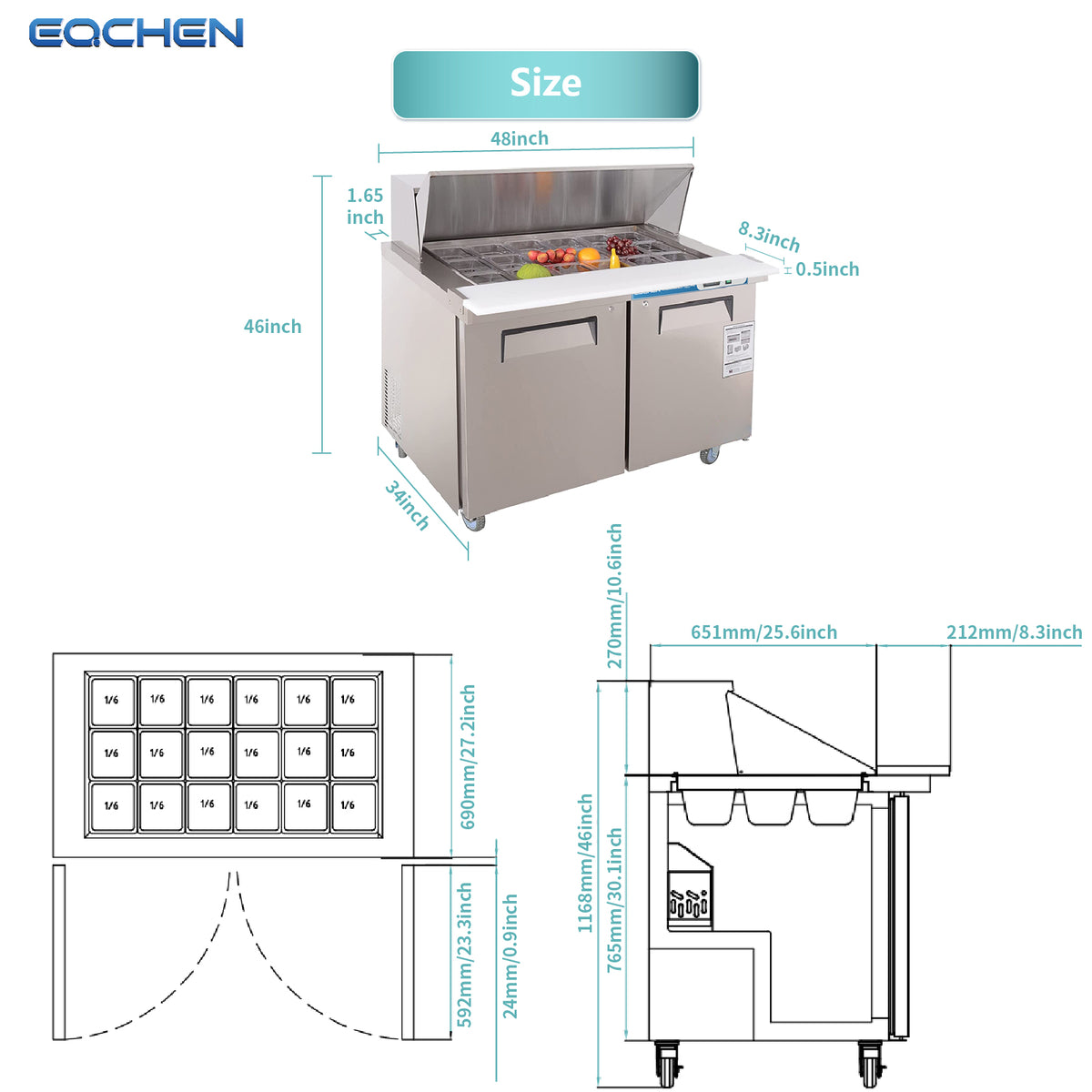 EQCHEN EQSR-48BM 48" Mega Top Commercial Sandwich Prep Table Refrigerator, Stainless Steel