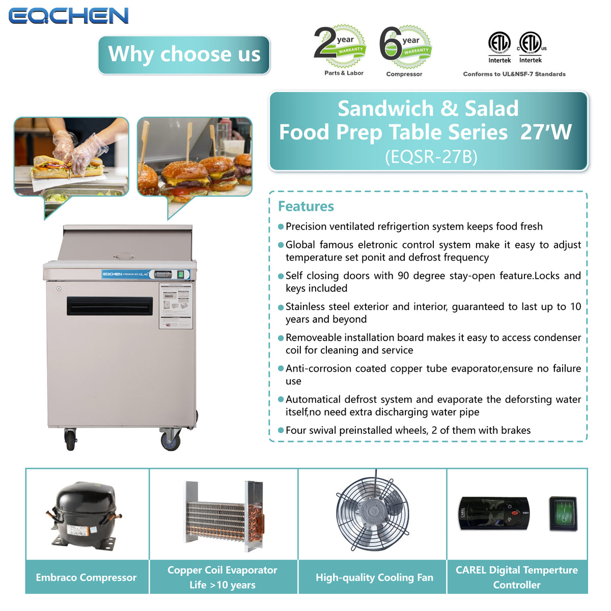 EQCHEN EQSR-27B 27" Commercial Sandwich and Salad Prep Table Refrigerator, Stainless Steel
