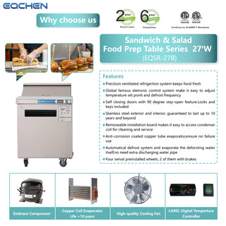 EQCHEN 27 Inch Sandwich Prep Table Refrigerator Stainless Steel
