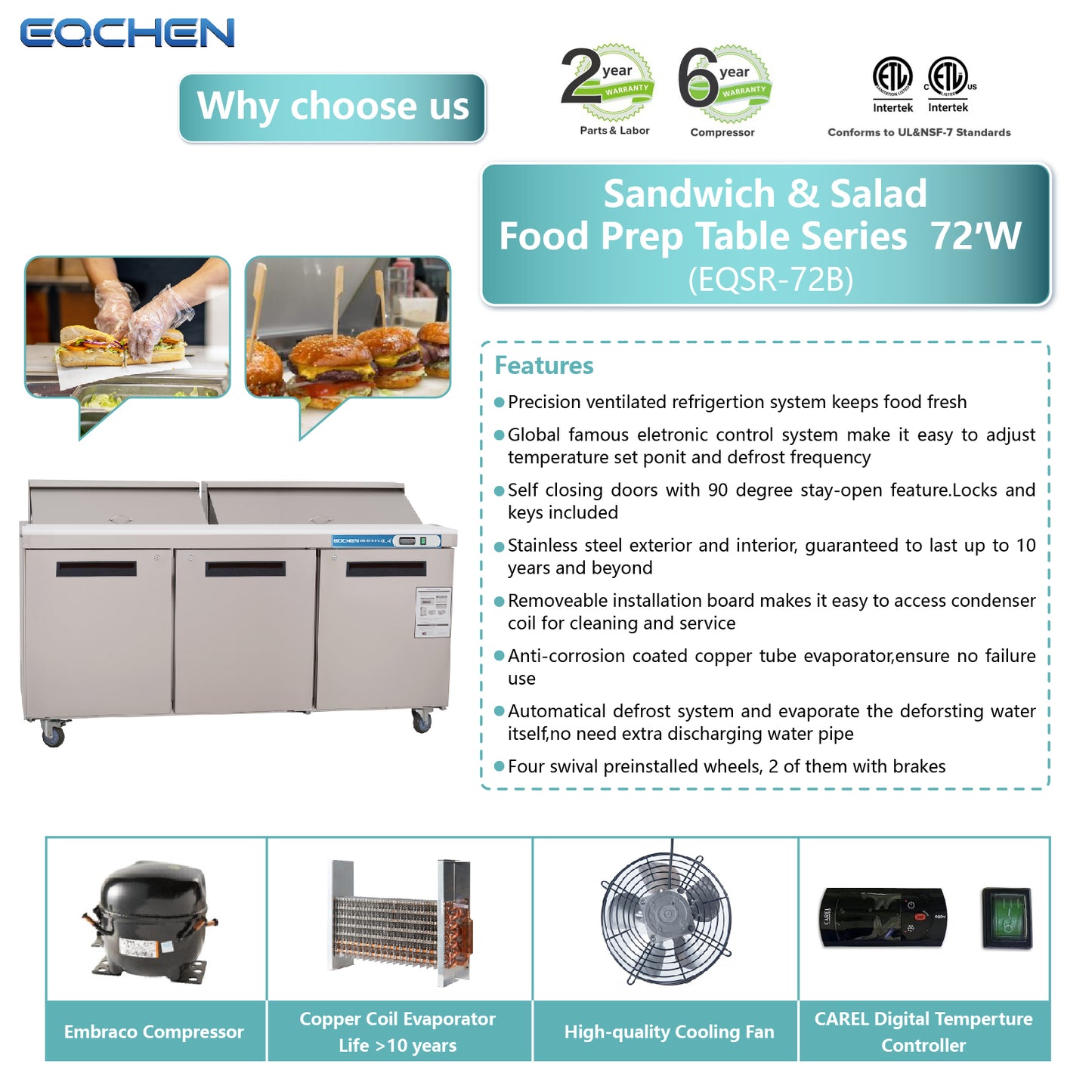 EQCHEN EQSR-72B 72" Commercial Sandwich and Salad Prep Table Refrigerator, Stainless Steel