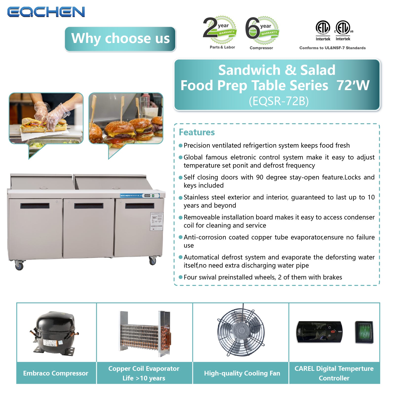 EQCHEN EQSR-72B 72" Commercial Sandwich and Salad Prep Table Refrigerator, Stainless Steel