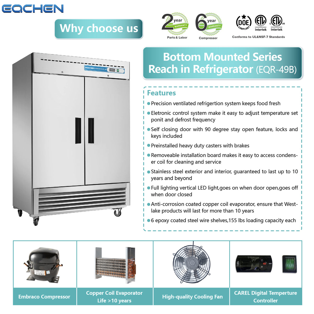 Commercial Reach in Fridge, 2 door 49Cu.ft Stainless Steel Commercial Reach in Upright refrigerator - 