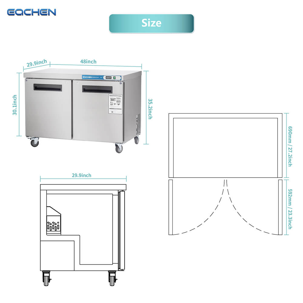 Commercial Undercounter Freezer, EQCHEN 48" Double Door Stainless Steel Lowboy Worktop Freezer 12 Cu.ft