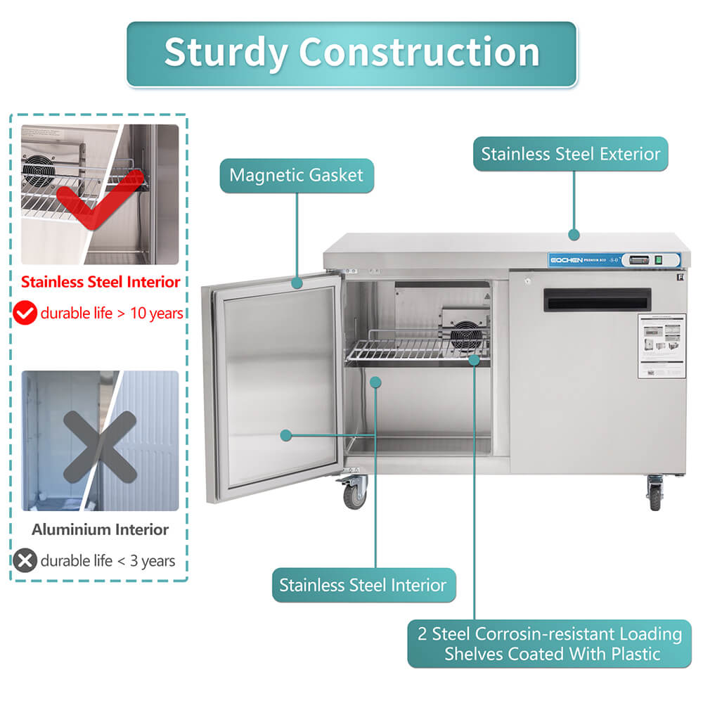 Commercial Undercounter Freezer, EQCHEN 48" Double Door Stainless Steel Lowboy Worktop Freezer 12 Cu.ft
