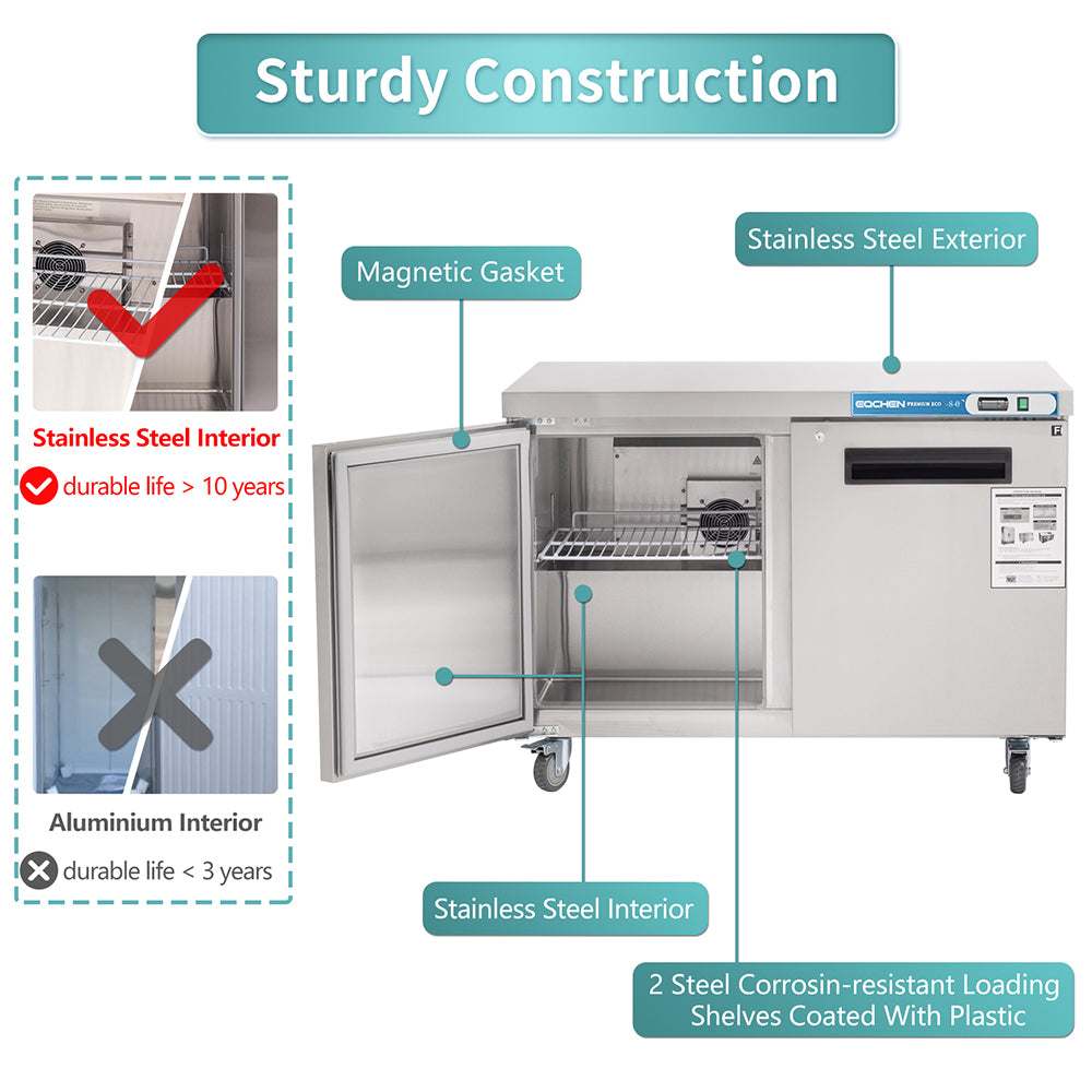 EQCHEN EQTF-48B 48" Commercial Undercounter Double Door Worktop Freezer, Stainless Steel