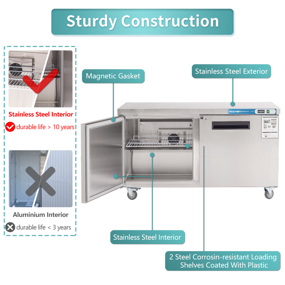 EQCHEN EQTF-60B 60" Commercial Undercounter Double Door Worktop Freezer, Stainless Steel