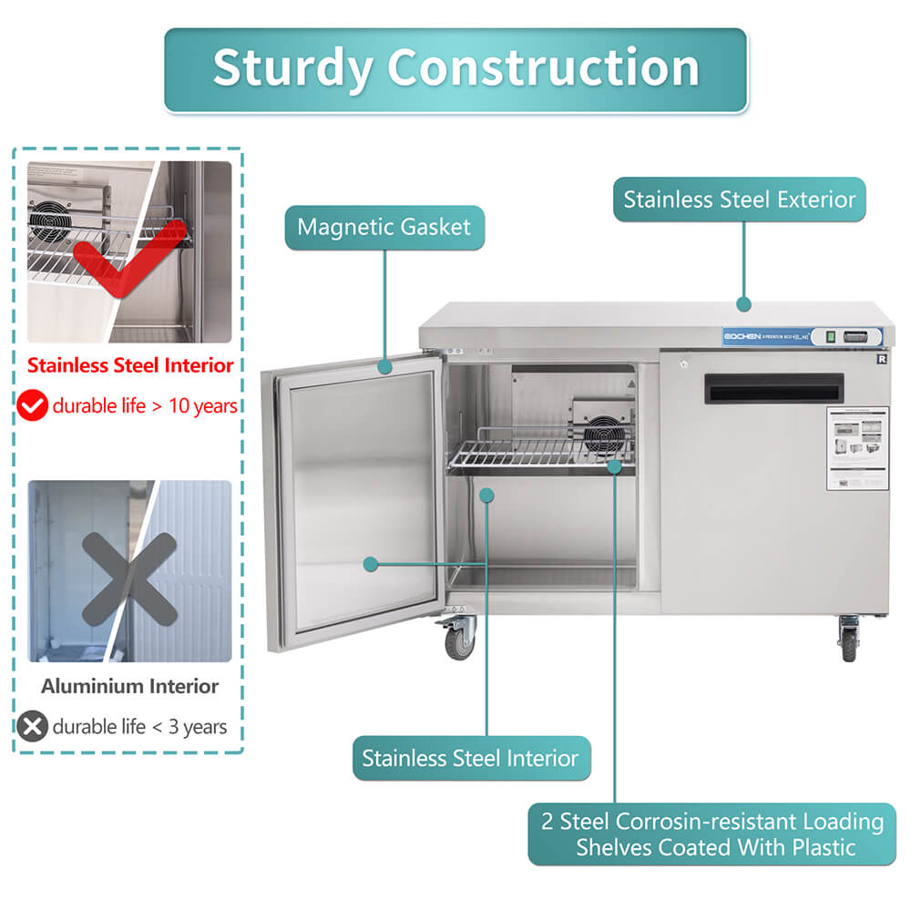Commercial Undercounter Refrigerator, EQCHEN 48" Double Door Stainless Steel Lowboy Cooler Worktop Fridge 12 Cu.ft