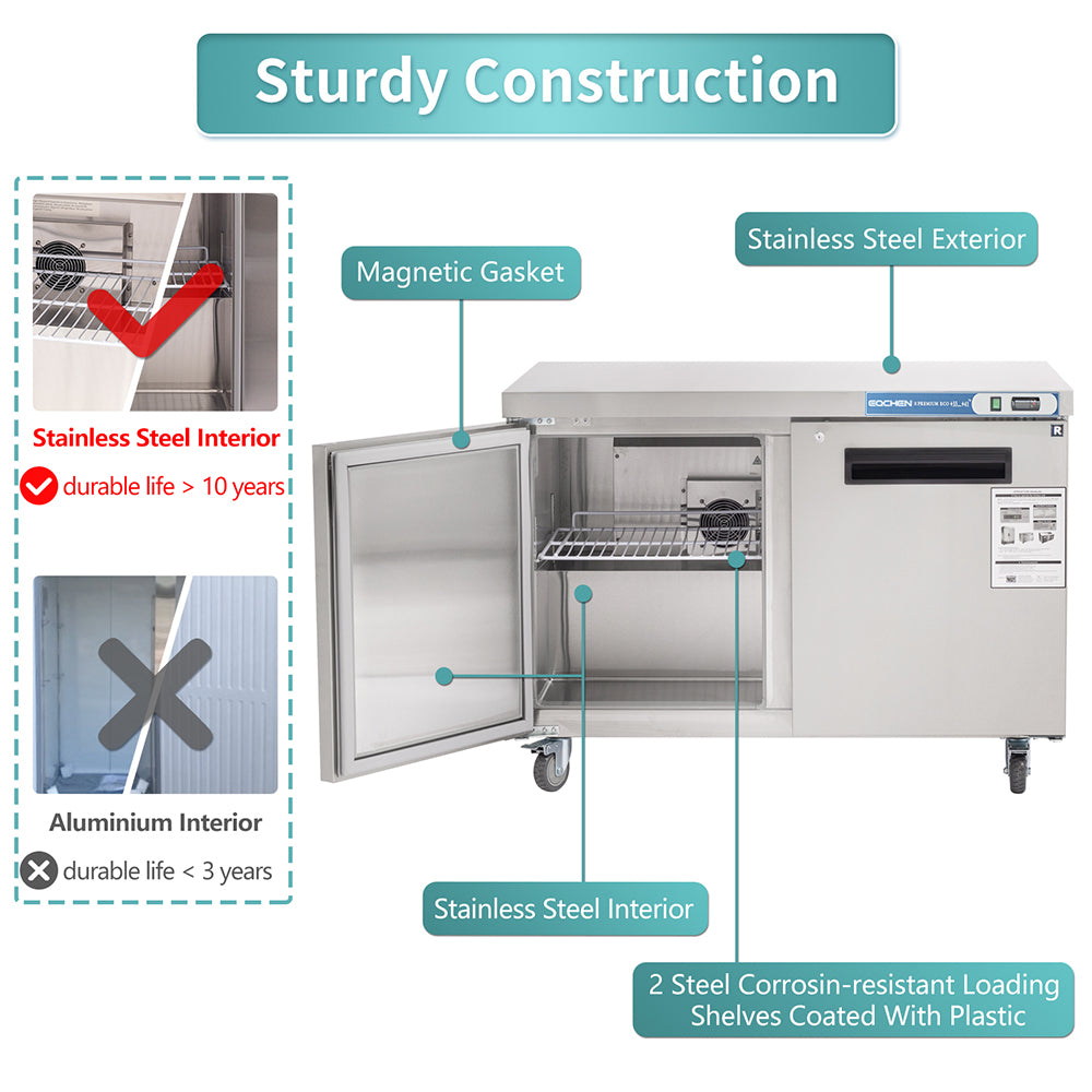 EQCHEN EQTR-48B 48" Commercial Undercounter Double Door Worktop Refrigerator, Stainless Steel