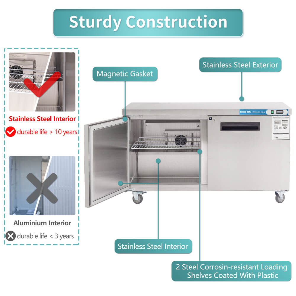 Commercial Undercounter Refrigerator, EQCHEN 60" Double Door Stainless Steel Lowboy Cooler Worktop Fridge 14.8 Cu.ft