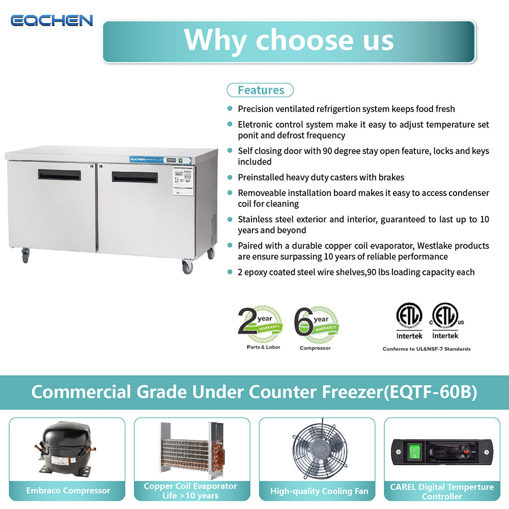 EQCHEN EQTF-60B 60" Commercial Undercounter Double Door Worktop Freezer, Stainless Steel