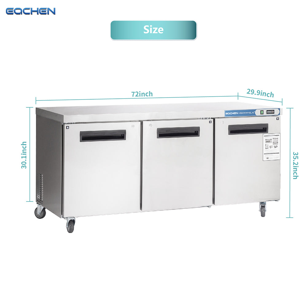 EQCHEN EQTR-72B 72" Commercial Undercounter Three-Door Worktop Refrigerator, Stainless Steel