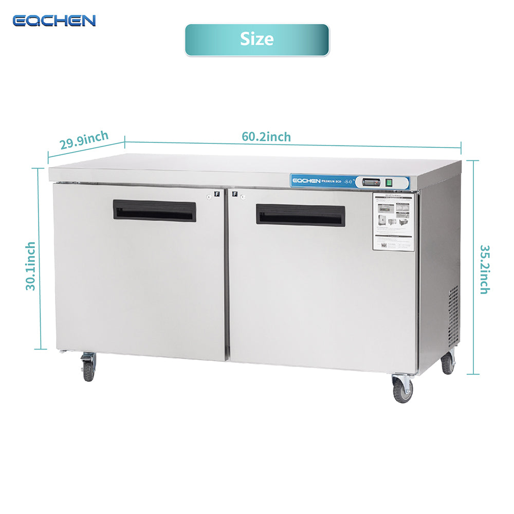 EQCHEN EQTF-60B 60" Commercial Undercounter Double Door Worktop Freezer, Stainless Steel