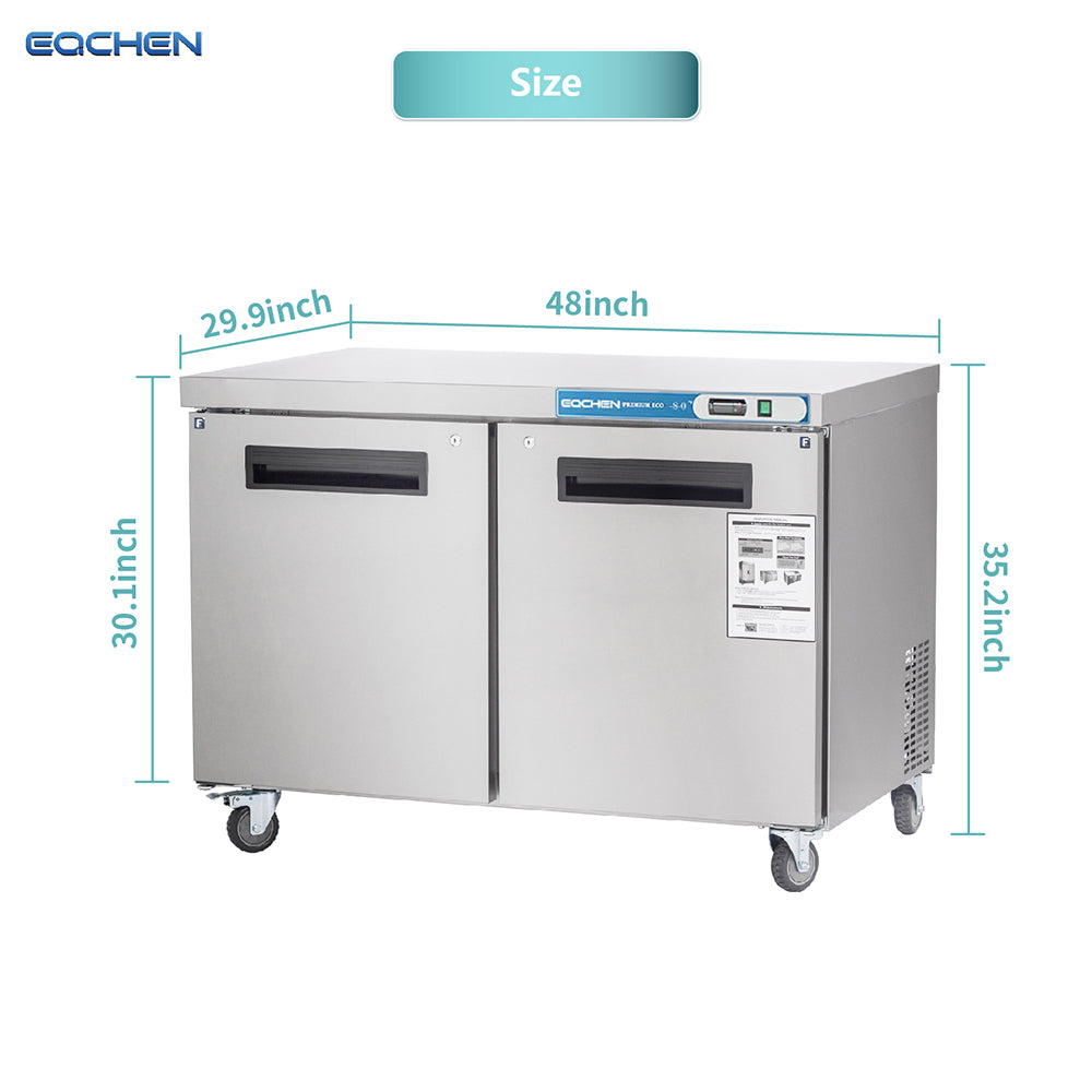 EQCHEN EQTF-48B 48" Commercial Undercounter Double Door Worktop Freezer, Stainless Steel